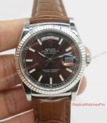 Replica Rolex Day-Date Watch SS Brown Face Brown Leather Strap